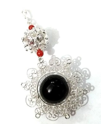 Ciondolo bottone Su Coccu,Sabegia,kokos in filigrana onice corallo portafortuna - Immagine 1 di 2