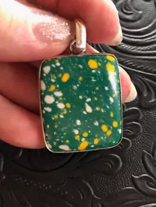 Artisan Southwest Green Garden Jasper Yellow and White Spots Square Pendant 1.75 - Picture 1 of 5