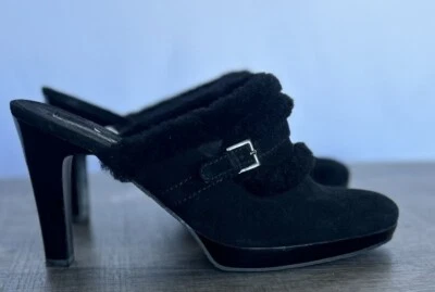 Enzo Angiolini Womens Black Suede Leather Clogs 4” Heels Faux Fur Lined Sz 8.5 M - Image 1 of 4