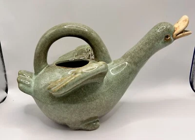 "Jarra maceta pato esmaltada verde cerámica artística regadera aprox. 12,5"" L" Foto 1 de 4