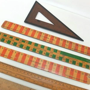 FIVE VINTAGE WOODEN RULERS & J. HALDEN SET SQUARE PHILOGRAPH APEX METRIC 1968 - Picture 1 of 13