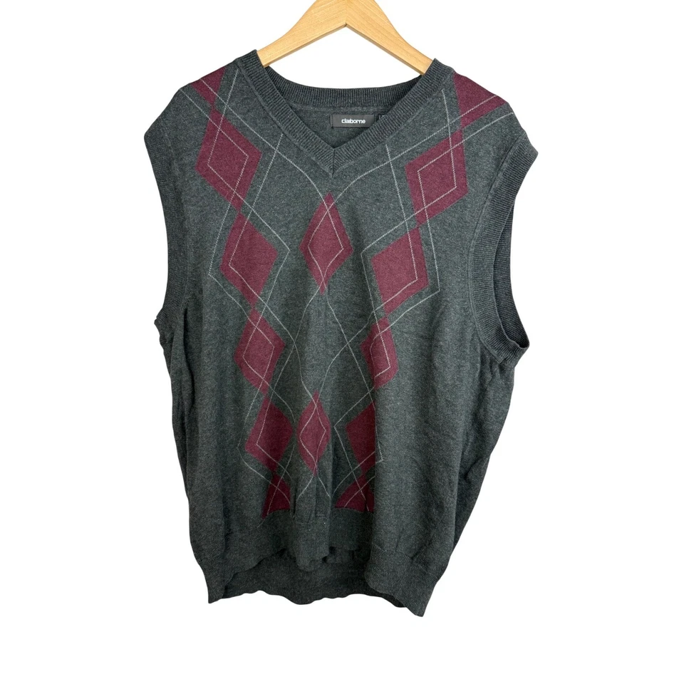 Claiborne Mens Argyle V Neck Sweater Vest Gray Burgundy XL Tall - Image 1 of 4