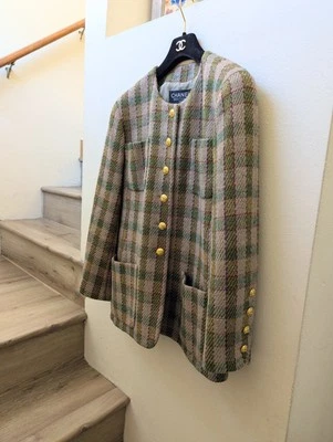 CHANEL Vintage Fall 1989 Runway Check Tweed CC Jacket FR42 - Image 1 of 4