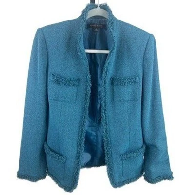 Chaqueta Blazer Anne Klein Azul Teal Tweed Sin Cuello Flecos Borde Mujer Talla 6 Foto 1 de 4