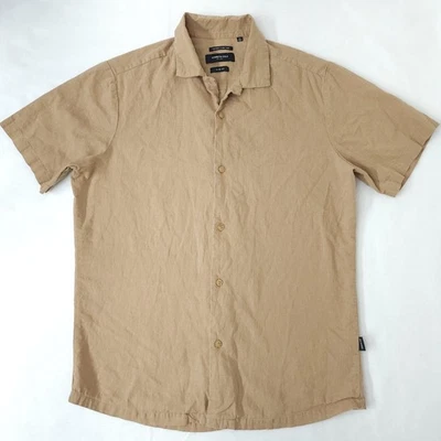 Kenneth Cole Mens M Slim Fit Linen Blend Beige Tan Casual Button Front Shirt - Image 1 of 4