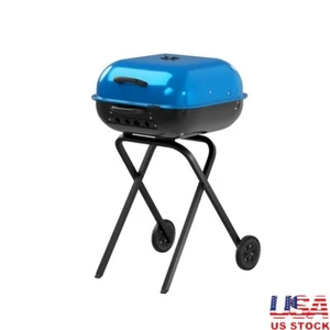 Portable Charcoal Grill Pre-Assembled Steel Folding Legs Locking Lid Vents Blue - Picture 1 of 11