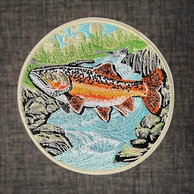 TROUT FISH Wilderness River Fishing 100% Embroidered Patch Badge Motif Iron-On - Image 1 of 2