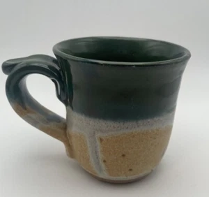 Fantastic Handmade Studio Pottery Coffee Mug Glazed Green Tan Signed 4” Tall - Picture 1 of 11