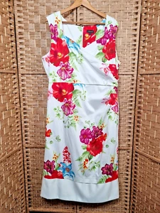 Abito da festa Alexon occasione bianco rosso blu floreale taglia UK 22 increspato davanti - Foto 1 di 11