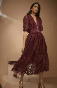 Oasis Mauve Spitze Knopf durch strukturiertes Midaxi Kleid UK 10 UVP £ 189! Brandneu mit Etikett! - Bild 1 von 12