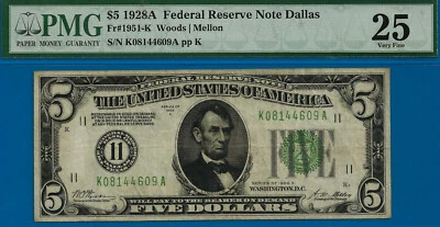 1928A $5 Dallas PMG 25 rare 30 known FRN key note Dallas Fr 1951-K - Image 1 of 3
