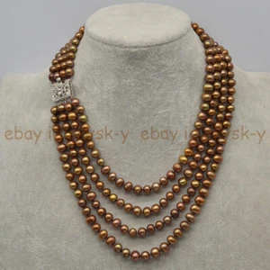 4 Rows 7-8mm Real Natural Brown Freshwater Cultured Pearl Necklace 17-20'' - Picture 1 of 4