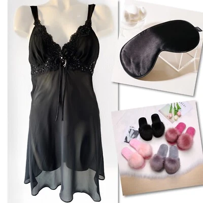 LUCIE ANN VINTAGE BLACK LACE SEQUIN SHEER CHEMISE SZ L - Image 1 of 4