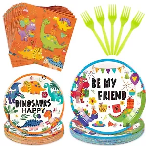 Dinosaur Dinnerware Recycle 68 total, 16 plates, napkins, fork +Thank u card NEW - Picture 1 of 9