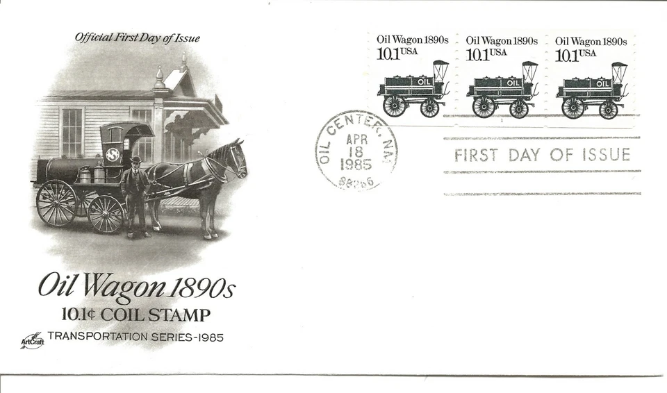 US Scott #2130, First Day Cover 4/18/85 Oil Center Plate #1 Coil Oil Wagon - Image 1 of 1