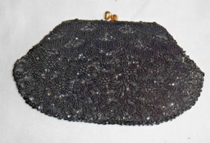 Vintage Black Sequin & Bead Medium Clutch Purse Handbag with Chain Hong Kong - Picture 1 of 5