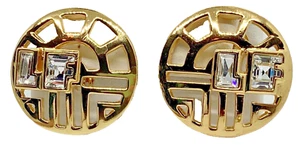 VINTAGE LOUIS FERAUD BIJOUX SIGNED GOLD TONE CRYSTAL LF INITIAL CLIP ON EARRINGS - Picture 1 of 6