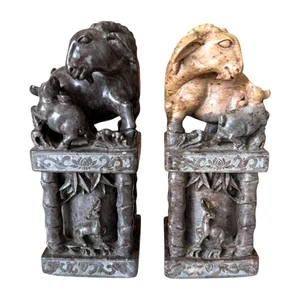 Antike chinesische handgeschnitzte Speckstein Siegel Stempel Figur Paar - Tier Endstücke - Bild 1 von 15