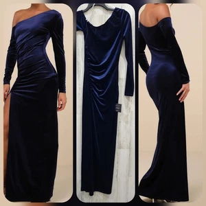 LULUS Notorious Icon Maxikleid dunkelblau Samt asymmetrisch Größe SMALL **NEU** - Bild 1 von 12