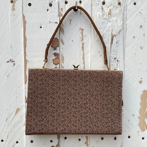Vintage Peter Lord Suede & Broderie Anglaise Lace Handbag with Mirror 1960s Mod - Picture 1 of 12