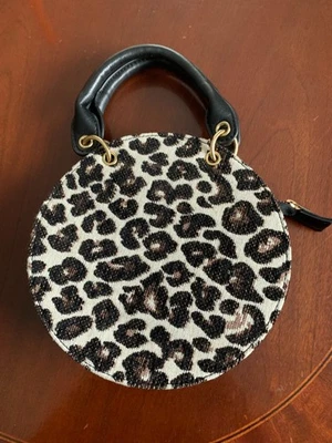 leopard print round purse, dual handles and 48" long gold chain, Preowned - Image 1 of 4