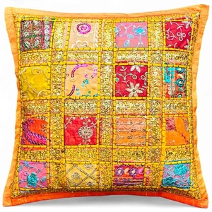 Handmade Indian Patchwork Decorative Cushion Cover - 16"x16" Boho Throw Pillow - Picture 1 of 4