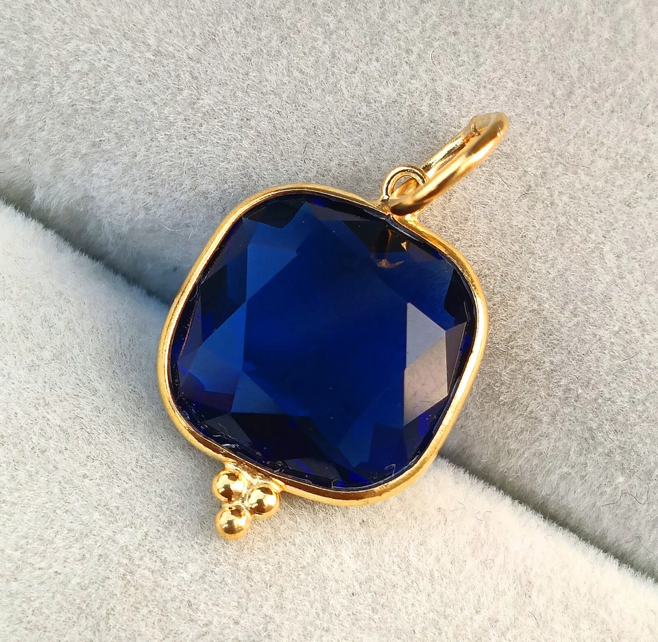 Lab-Created Blue Sapphire Pendant, 18K Yellow Gold Charm Handmade Pendant - Image 1 of 4