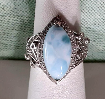 Blue Larimar White Zircon Starfish Ring Sterling SIlver w/Rhodium Overlay Size 7 - Image 1 of 4