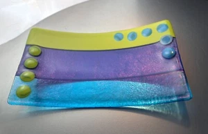 Fused Art Glass Dichroic Blue Green Purple Sushi Serving Tray Curved Rectangle - Picture 1 of 24