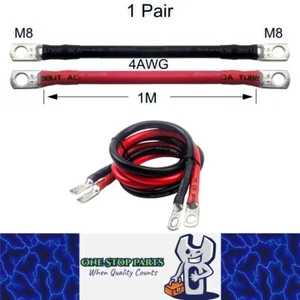 Pair 1M 4AWG Car Battery Cables Black Red Silicone Cable with M8 Eye Terminals - Picture 1 of 5
