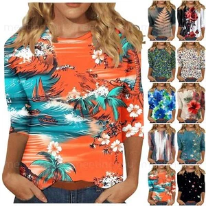 Women's Fashion Casual Three-quarter Sleeve Floral Print Neck Top - Picture 1 of 42