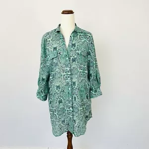 Sportscraft Womens Shirt Tunic Green Paisley 3/4 Sleeve Button Up Size 12 - Picture 1 of 6