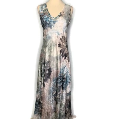 Komarov Charmeuse V-Neck Lace Up Back Crinkle Stretch Blue Floral Maxi Dress M - Image 1 of 4