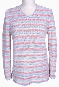 Orvis Pullover LG Pastell Rosa Blau Weiß Gestreift Locker Strick V-Ausschnitt Baumwolle Ramie - Bild 1 von 8