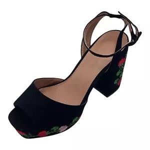 Topshop Black Floral Faux Suede High Heel Strappy Shoes Sandals Size UK 5 New - Picture 1 of 8