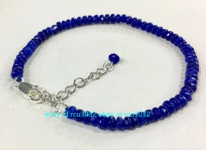 Faceted 2x4mm Blue Jade Roundel Gemstone 925 Silver Clasp Bracelet 7.5" - Picture 1 of 12