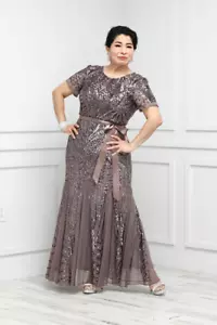 $140 R&M Richards Sequin Mesh Formal Gown in Mocha 12P NEW R635 - Picture 1 of 13