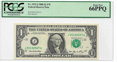 2006 $1 Federal Reserve Note  Kansas City FR 1933-J : PCGS Currency 66 PPQ - Image 1 of 2