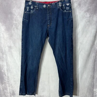 Y2K Crown Holder Jeans Mens 38 Baggy Dark Wash Embroidered Silver Crest Bling - Image 1 of 4