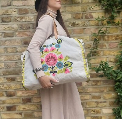 Hoss Oversize Travel Bag Large Embroidered Leather Hobo Boho Cottagecore Shopper - Image 1 of 4