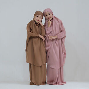 Satin Khimar 2 Pieces Set Kids Girls Muslim Hijab Dress Jilbab Abaya Kaftan Robe