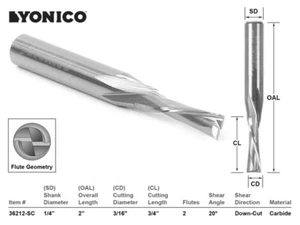 Broca de enrutador CNC espiral de corte descendente de diapositiva baja de 3/16"" - vástago de 1/4"" - Yonico 36212-SC - Imagen 1 de 1