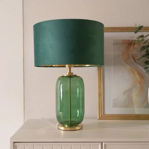 Green Glass Table Lamp Velvet Lampshade Gold Metallic Inner Living Room Light - Picture 1 of 27