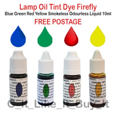 Lamp Oil Tint Dye Firefly Blue Green Red Yellow Smokeless Odourless Liquid 10ml - Image 1 of 2
