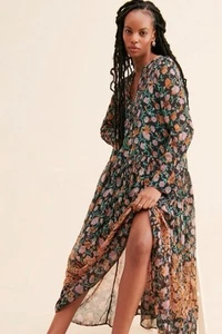 Free People See It Through Dress Black Floral Combo Flowy Maxi Large Twee NWOT - Picture 1 of 8