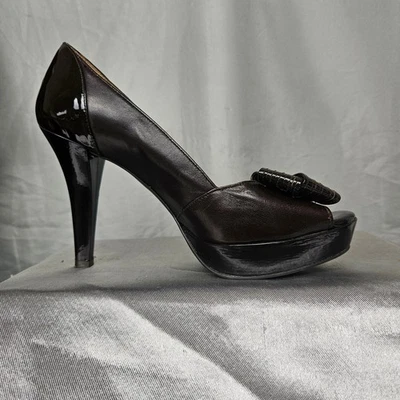 Antonio Melani Platform Peep Toe Heels Brown Leather Bow Detail Women's - Image 1 of 4