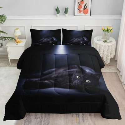 Juego de edredón de ropa de cama para gato negro gato en la oscuridad patrón impreso digital 3D edredón... Foto 1 de 4