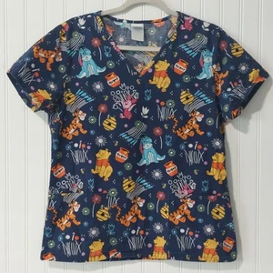 Disney Women Scrub Top Medium NAVY Winnie The Pooh Tigger Eeyore Piglet V Neck - Picture 1 of 7