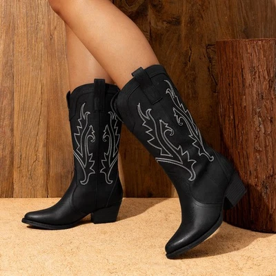 Botas vaqueras vaqueras vaqueras de mujer punta tacón bajo botas occidentales de media pantorrilla Foto 1 de 4