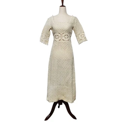 Maxi Vestido Vintage Años 70 Victor Bijou Crochet Crema Coqueta Boho - Pequeño Foto 1 de 4